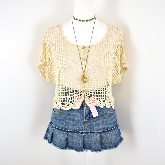 Forever21 Y2K Boho Crochet Knit Short Sleeve Button-Up Oversized Cardigan Sz S - Picture 1 of 6
